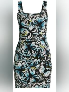 No Boundaries Black Butterfly Print Mini Dress with Blue and Yellow Accents